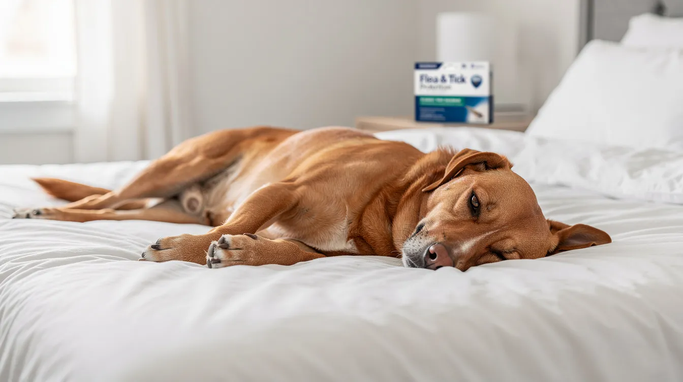 Dog resting on a bed.