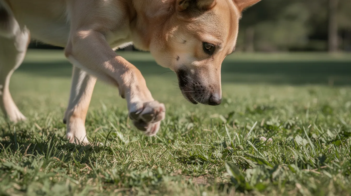 Dog sniffing the grass outdoors.