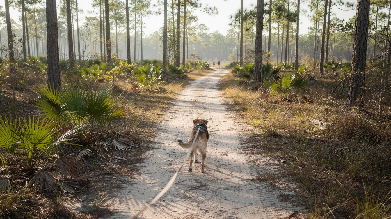 Dog walking on a forest path.