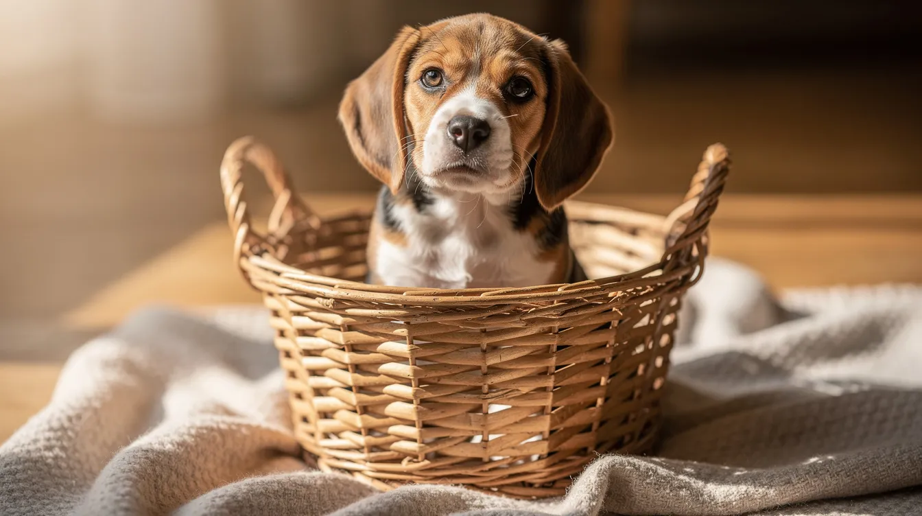 8 week old dog in a basket in bushnell animal clinic for vaccines