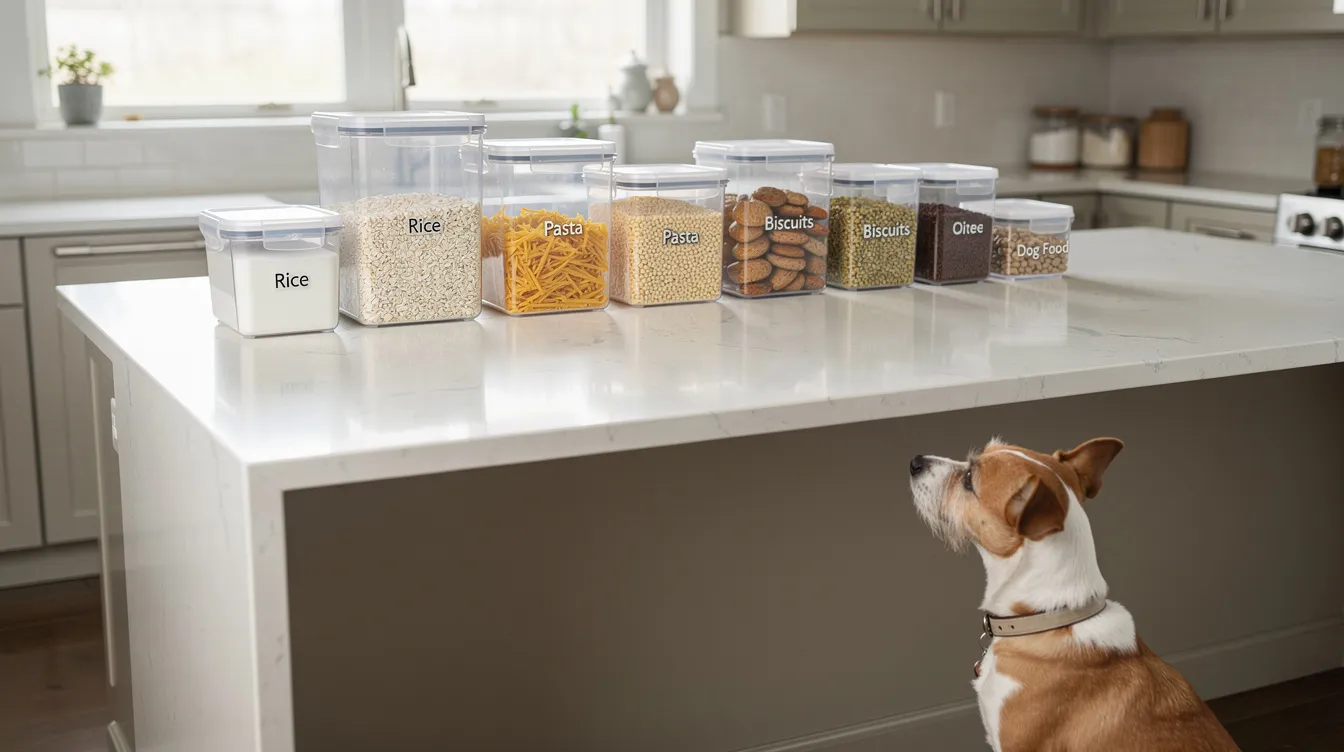 Dog observing organized food containers