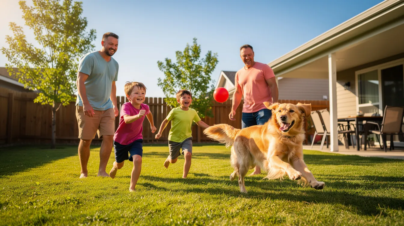 Children playing with dog outdoors
